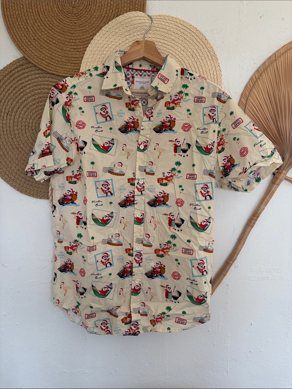 Denim & Flower Cream Short-Sleeve Tropical Print Button-Down Shirt